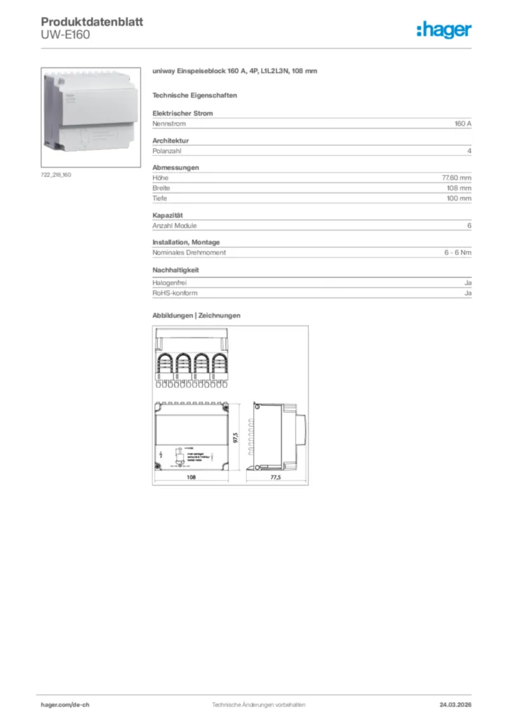 Bild Hager Produktdatenblatt UW-E160 | Hager Schweiz