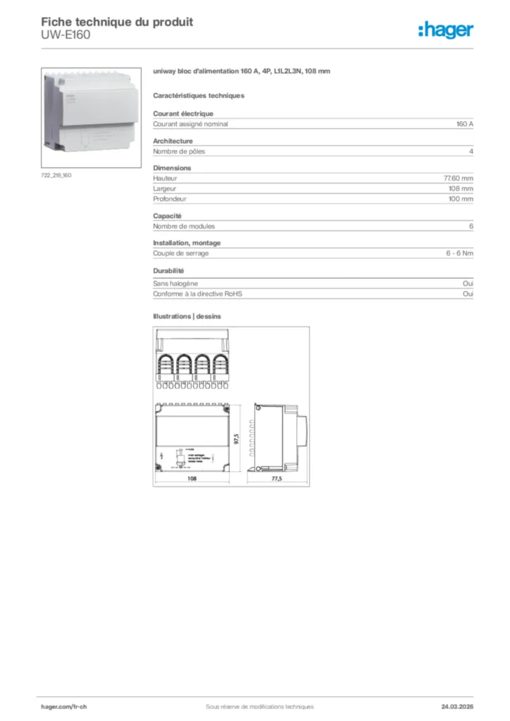 Image Hager Fiche technique du produit UW-E160 | Hager Suisse