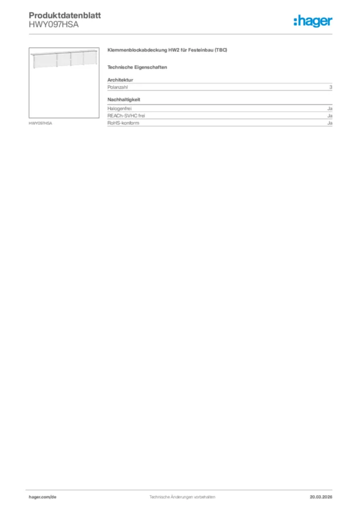 Bild Hager Produktdatenblatt HWY097HSA | Hager Deutschland