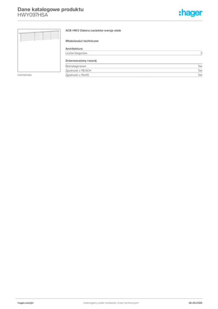 Zdjęcie Hager Dane katalogowe produktu HWY097HSA | Hager Polska