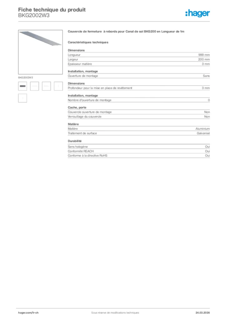 Image Hager Fiche technique du produit BKG2002W3 | Hager Suisse