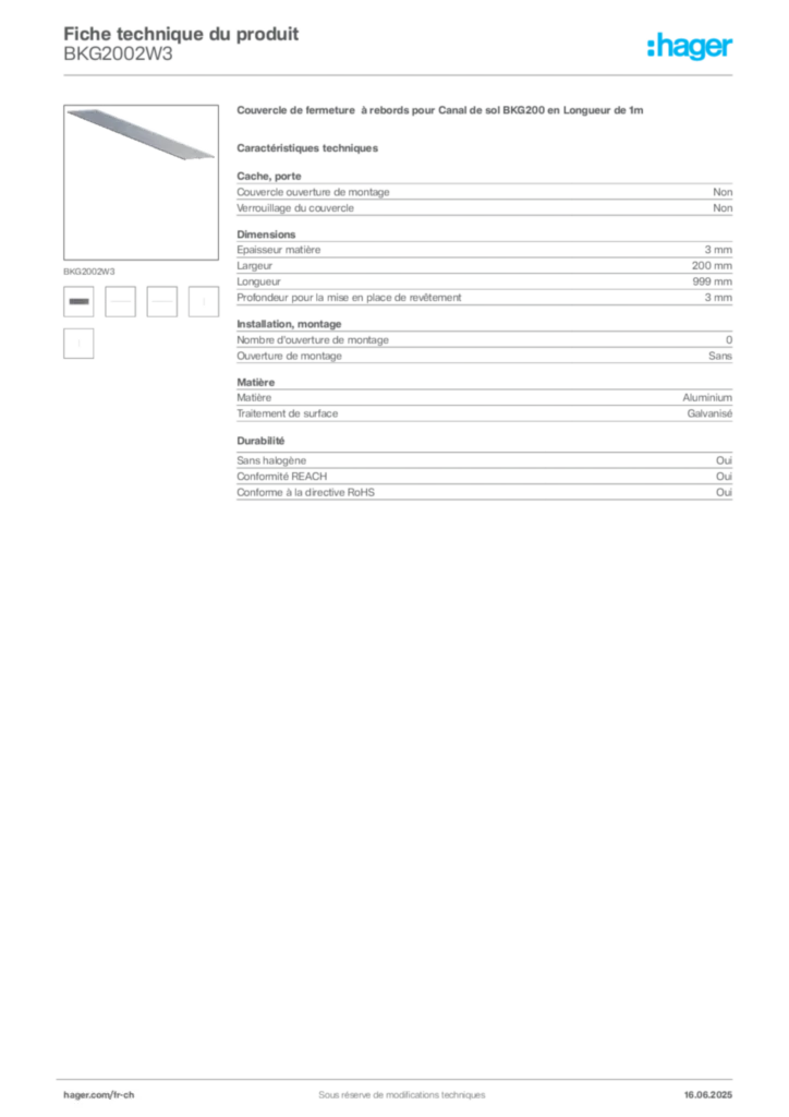 Image Hager Fiche technique du produit BKG2002W3 | Hager Suisse