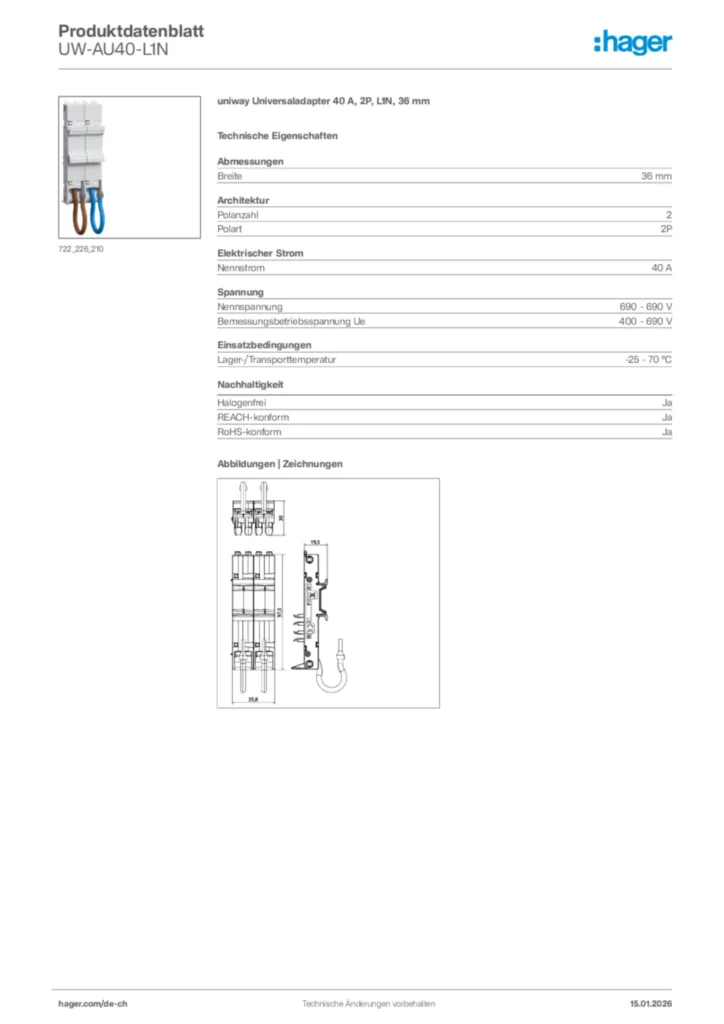 Bild Hager Produktdatenblatt UW-AU40-L1N | Hager Schweiz