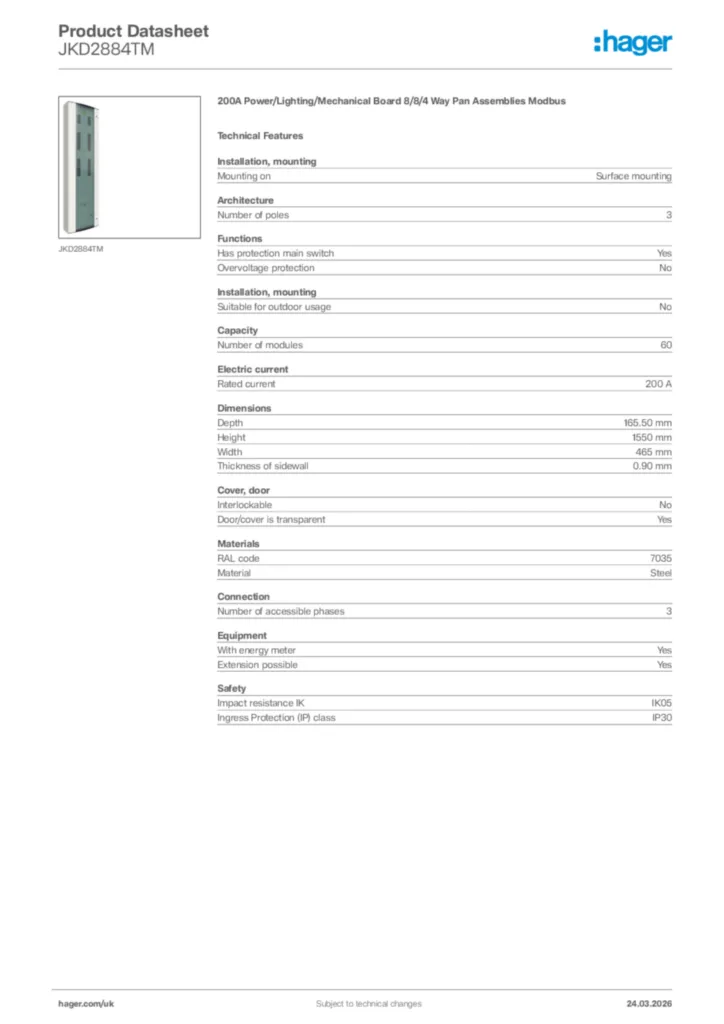 Image Hager Product data sheet JKD2884TM  | Hager