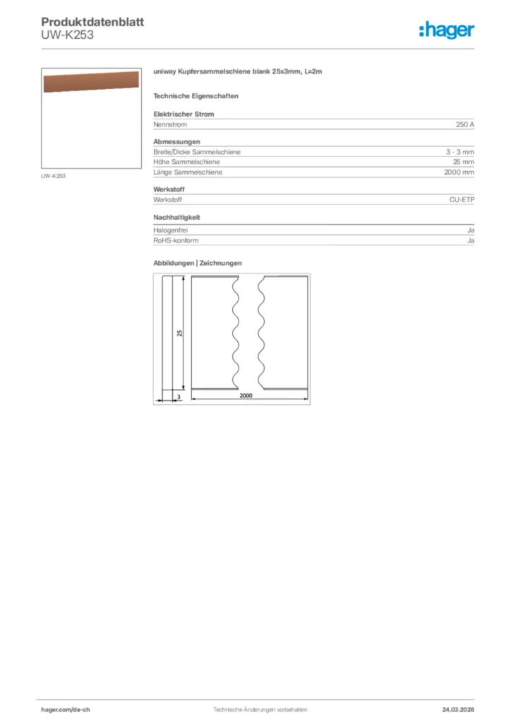 Bild Hager Produktdatenblatt UW-K253 | Hager Schweiz