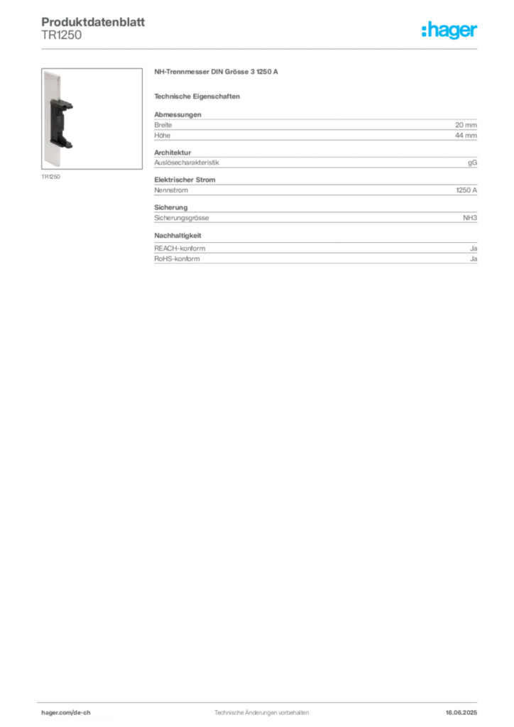 Bild Hager Produktdatenblatt TR1250 | Hager Schweiz