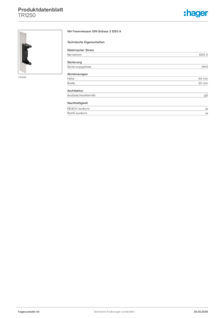 Bild Hager Produktdatenblatt TR1250 | Hager Schweiz