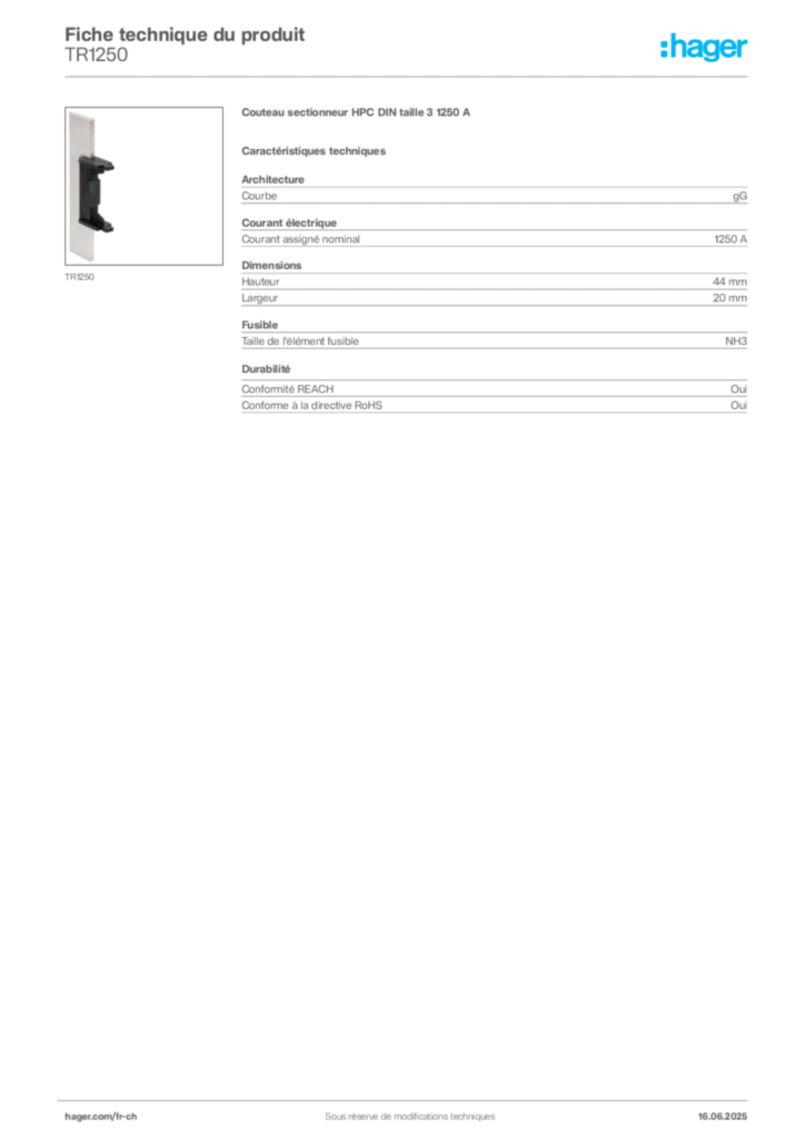 Image Hager Fiche technique du produit TR1250 | Hager Suisse
