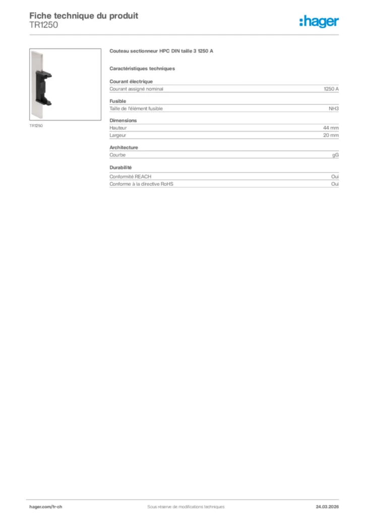 Image Hager Fiche technique du produit TR1250 | Hager Suisse