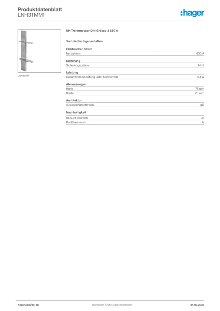 Bild Hager Produktdatenblatt LNH3TMM1 | Hager Schweiz