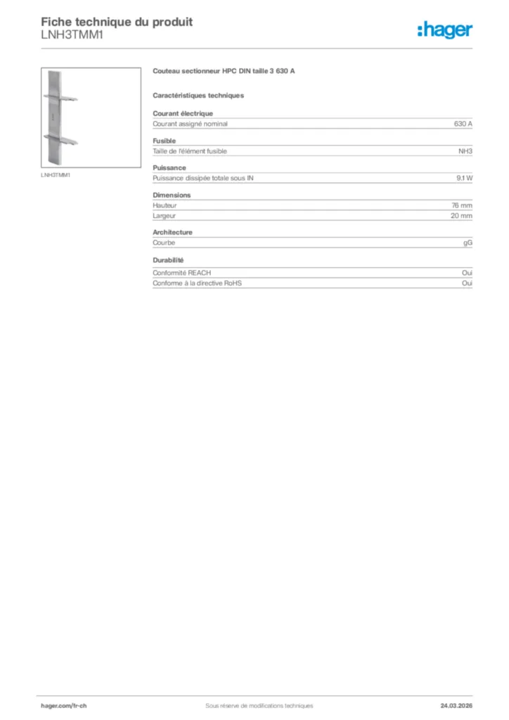 Image Hager Fiche technique du produit LNH3TMM1 | Hager Suisse