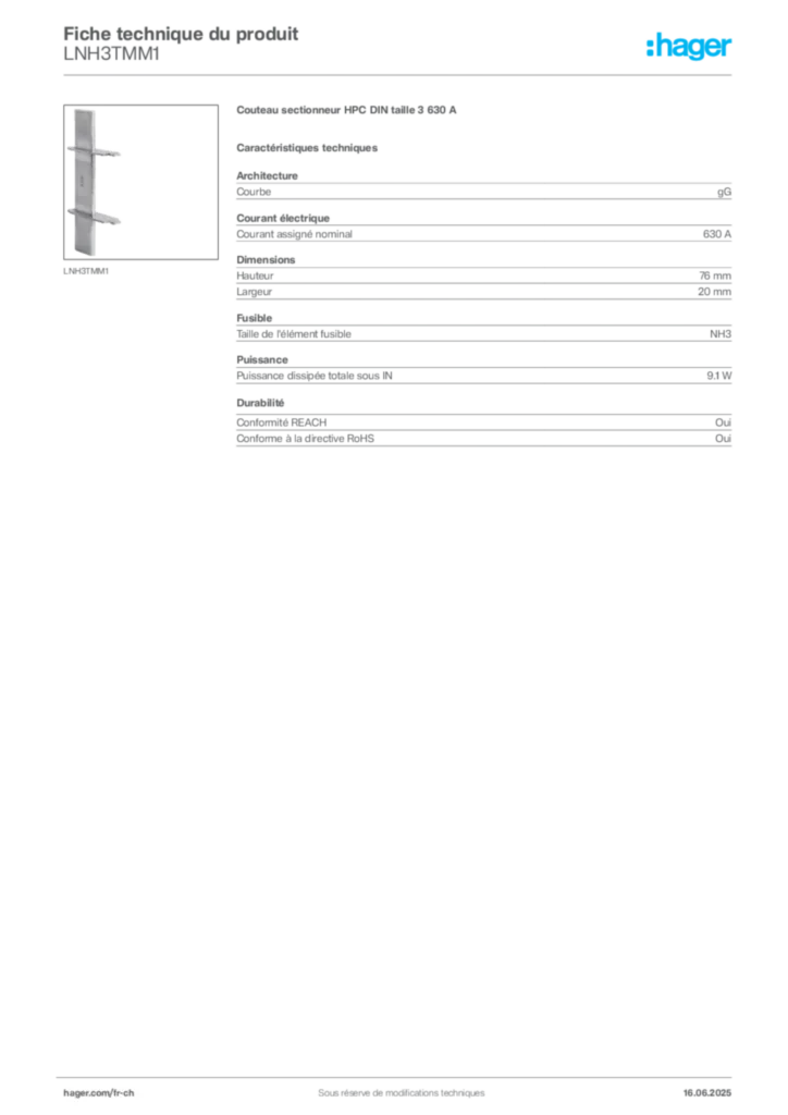 Image Hager Fiche technique du produit LNH3TMM1 | Hager Suisse