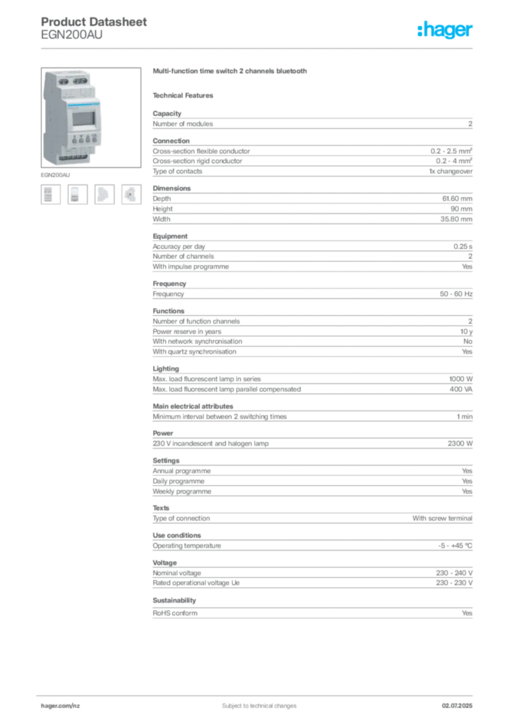 Image Hager Product data sheet EGN200AU  | Hager New Zealand