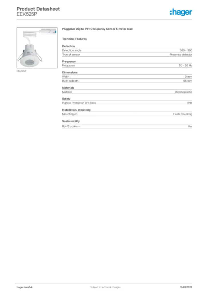 Image Hager Product data sheet EEK525P  | Hager