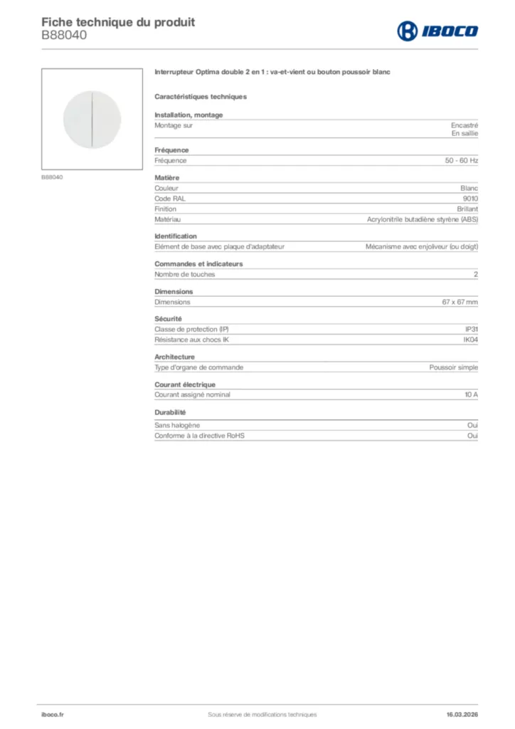 Image Iboco Fiche technique du produit B88040 | Hager France