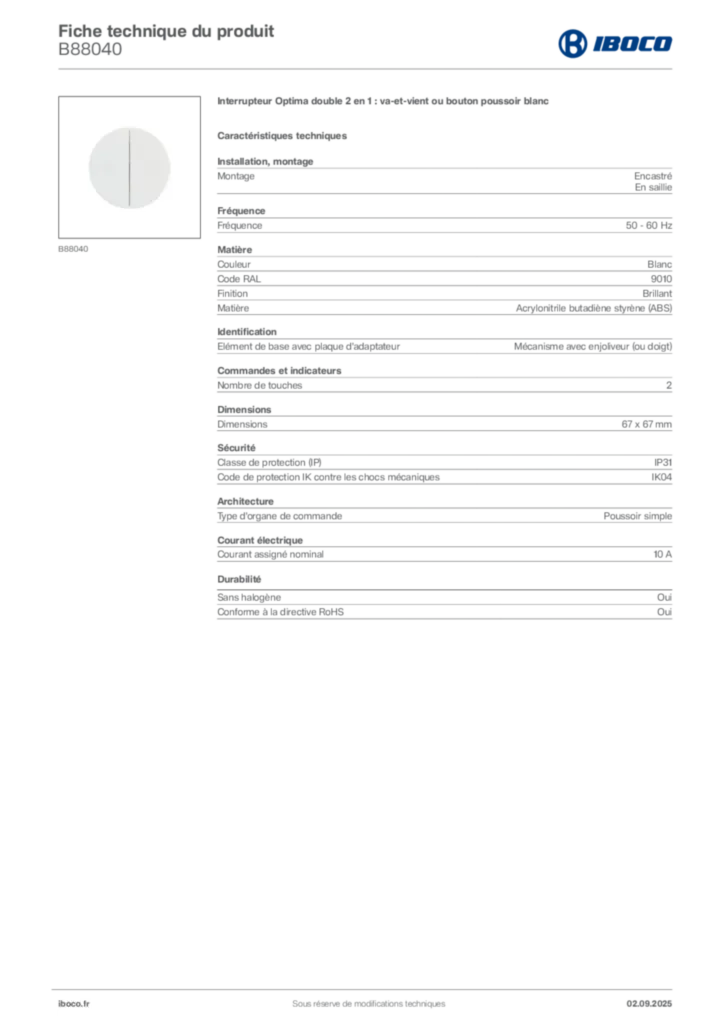 Image Iboco Fiche technique du produit B88040 | Hager France