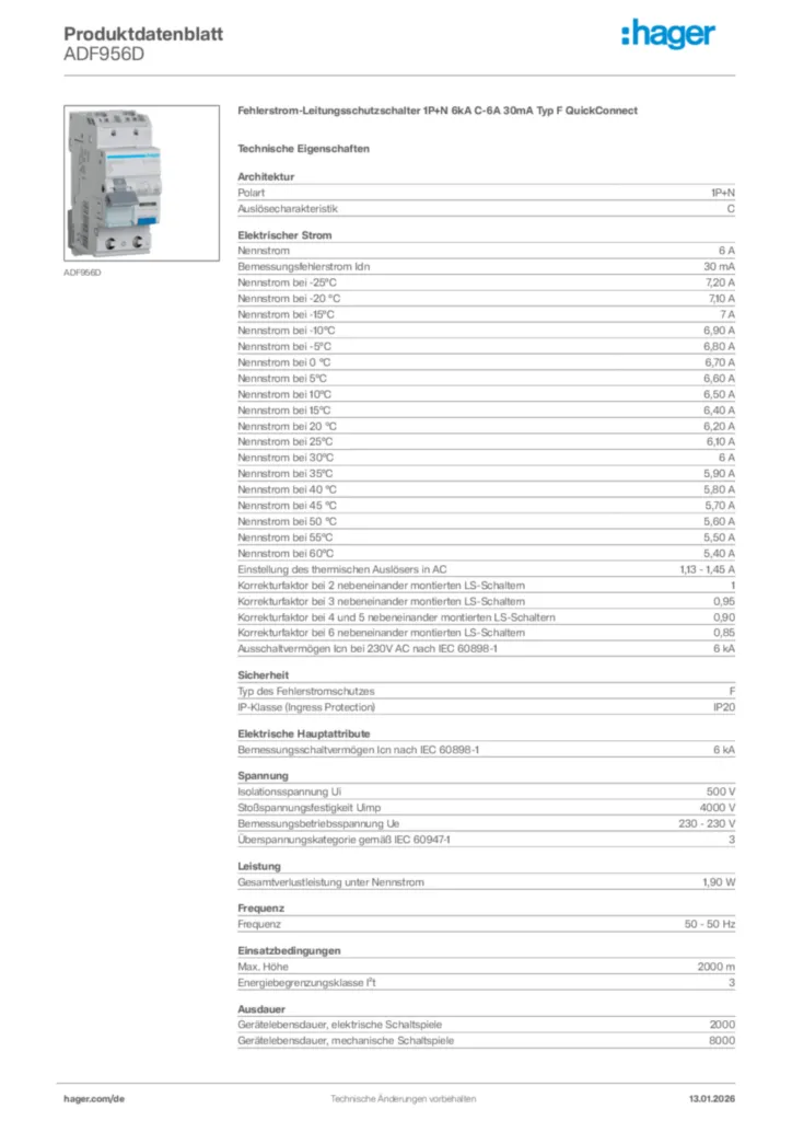 Hager Produktdatenblatt ADF956D