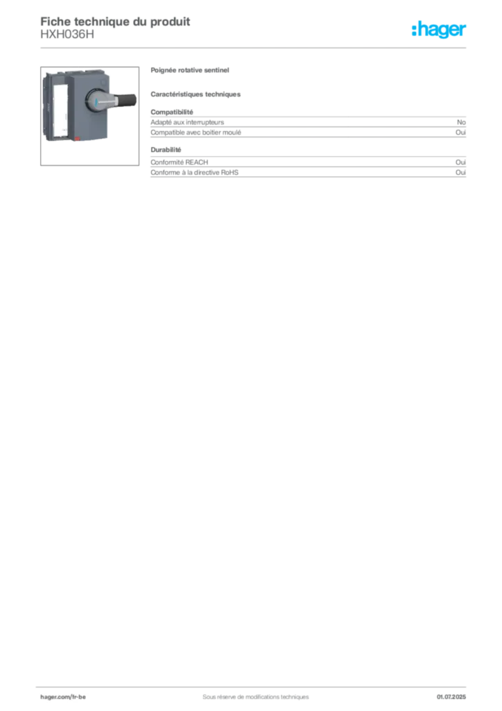 Image Hager Fiche technique du produit HXH036H | Hager Belgique