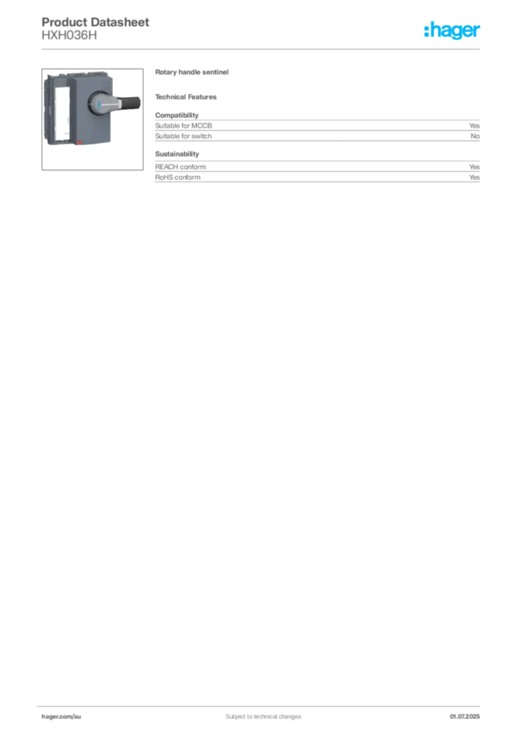 Image Hager Product data sheet HXH036H  | Hager Australia