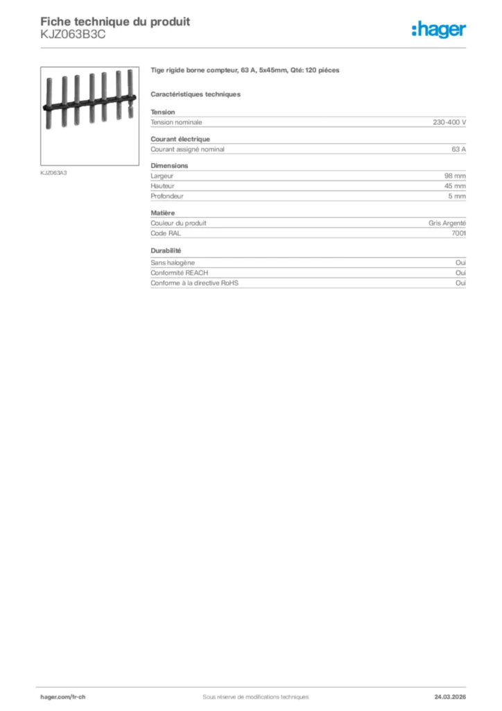 Image Hager Fiche technique du produit KJZ063B3C | Hager Suisse
