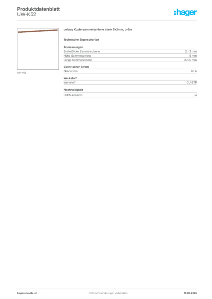Bild Hager Produktdatenblatt UW-K52 | Hager Schweiz