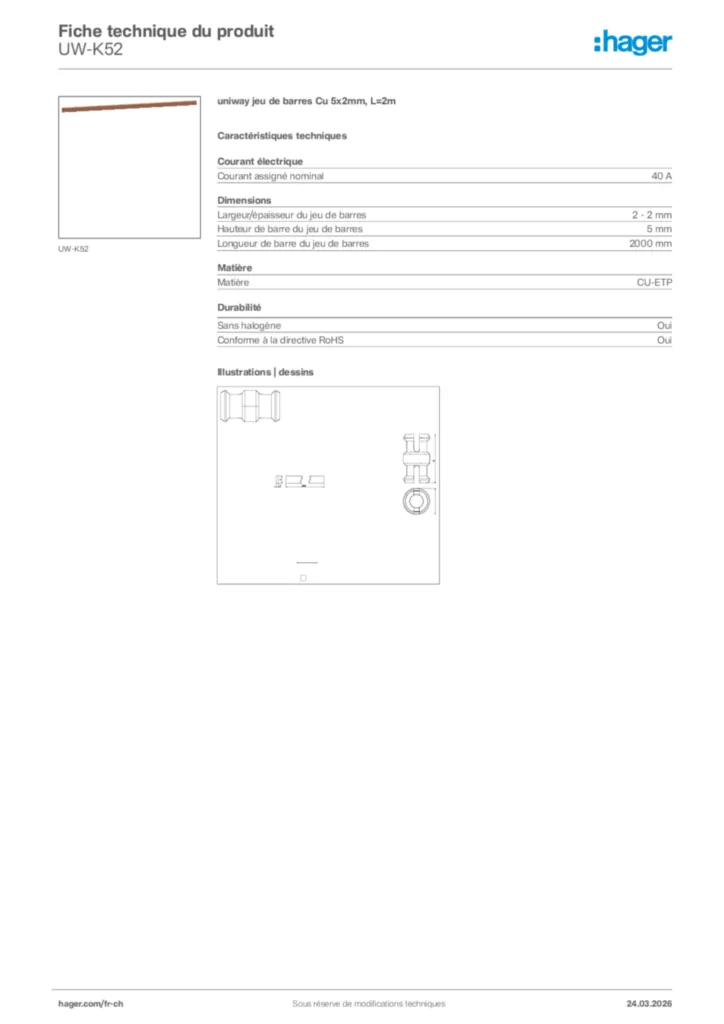 Image Hager Fiche technique du produit UW-K52 | Hager Suisse