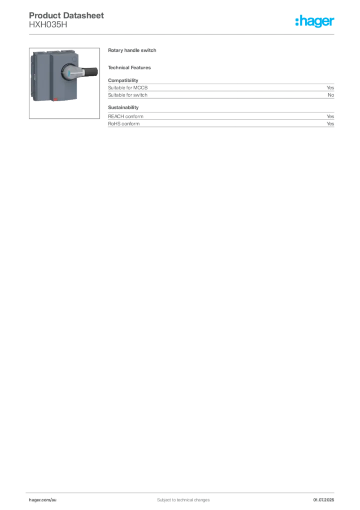 Image Hager Product data sheet HXH035H  | Hager Australia