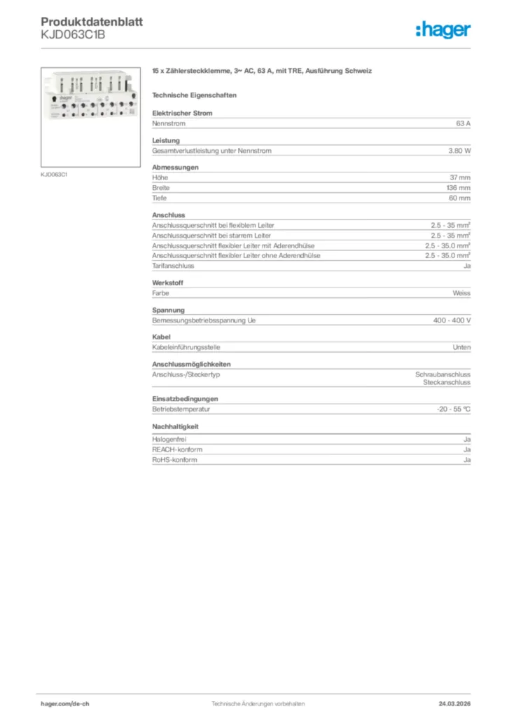 Bild Hager Produktdatenblatt KJD063C1B | Hager Schweiz