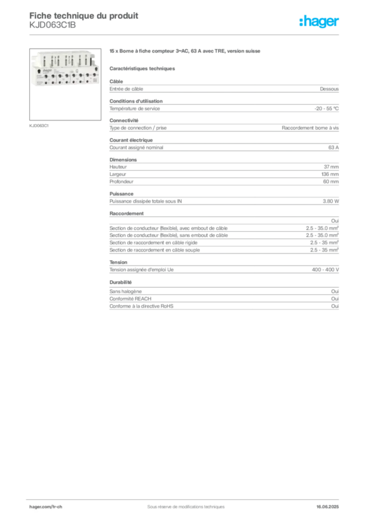 Image Hager Fiche technique du produit KJD063C1B | Hager Suisse