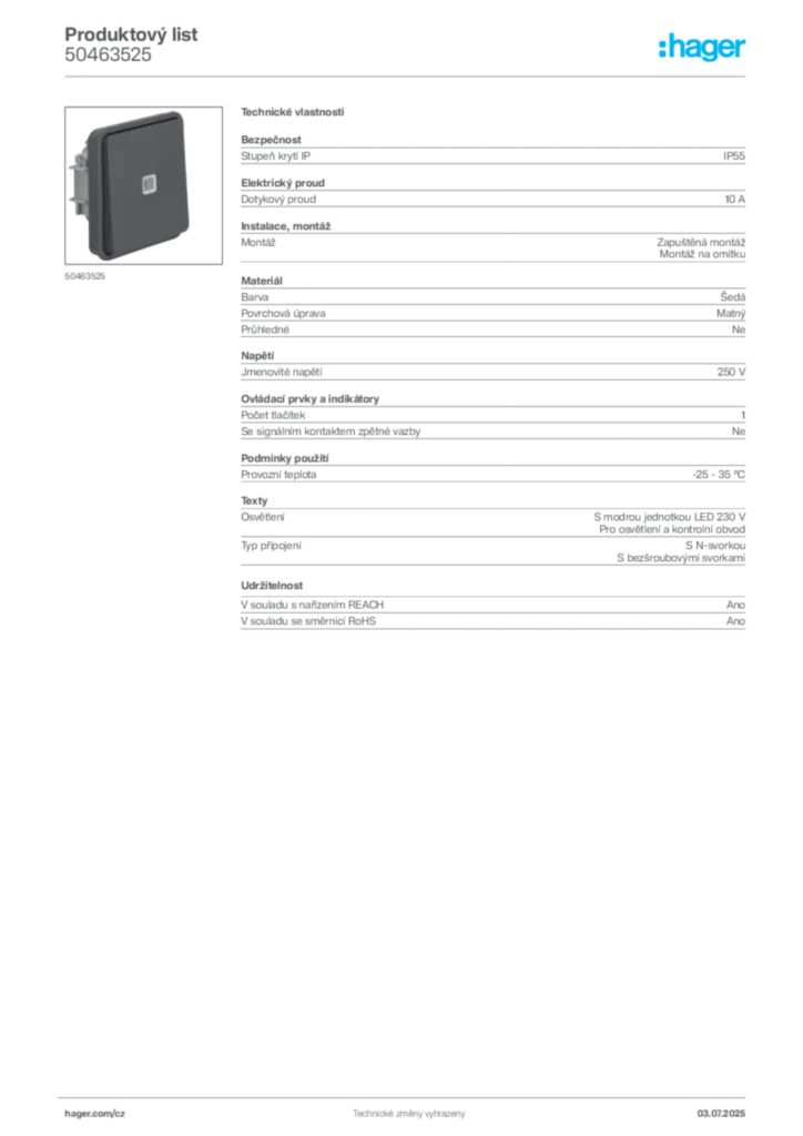 Obrázek Hager Product data sheet 50463525 | Hager