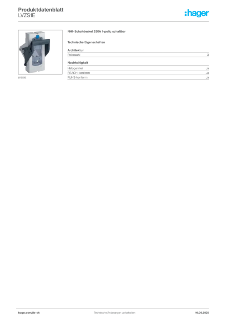 Bild Hager Produktdatenblatt LVZS1E | Hager Schweiz