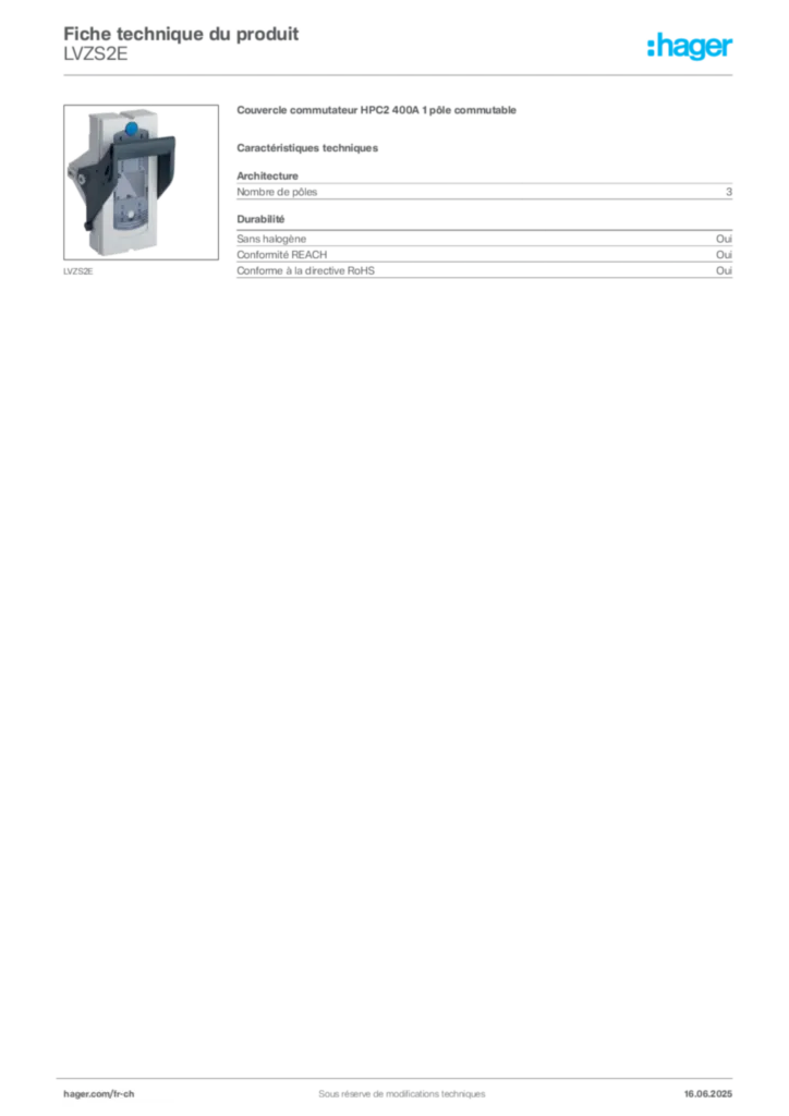 Image Hager Fiche technique du produit LVZS2E | Hager Suisse