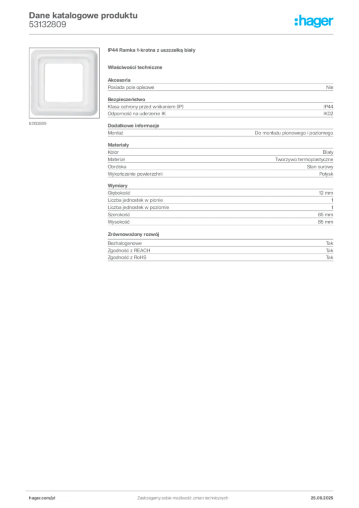 Zdjęcie Hager Dane katalogowe produktu 53132809 | Hager Polska