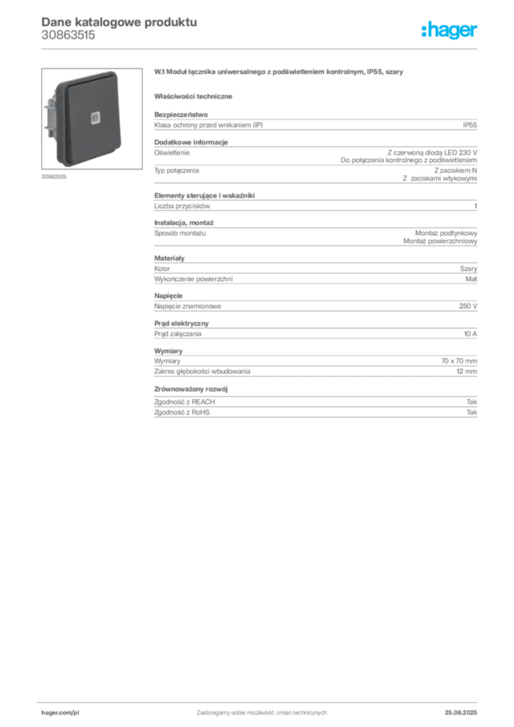 Zdjęcie Hager Dane katalogowe produktu 30863515 | Hager Polska