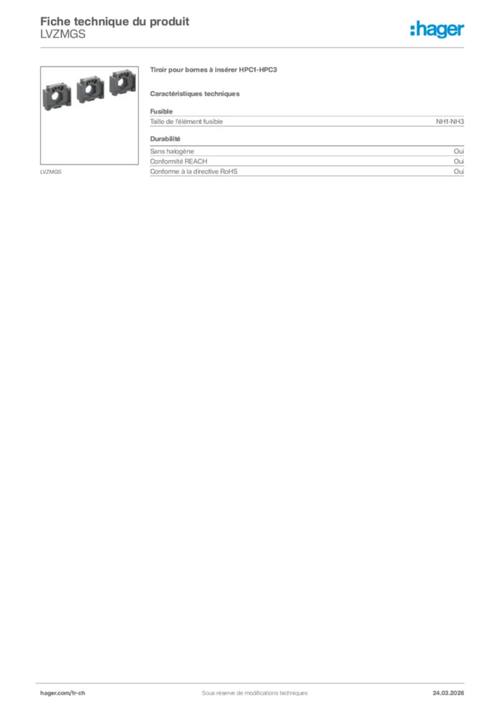 Image Hager Fiche technique du produit LVZMGS | Hager Suisse
