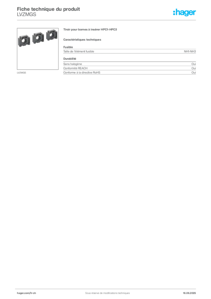 Image Hager Fiche technique du produit LVZMGS | Hager Suisse