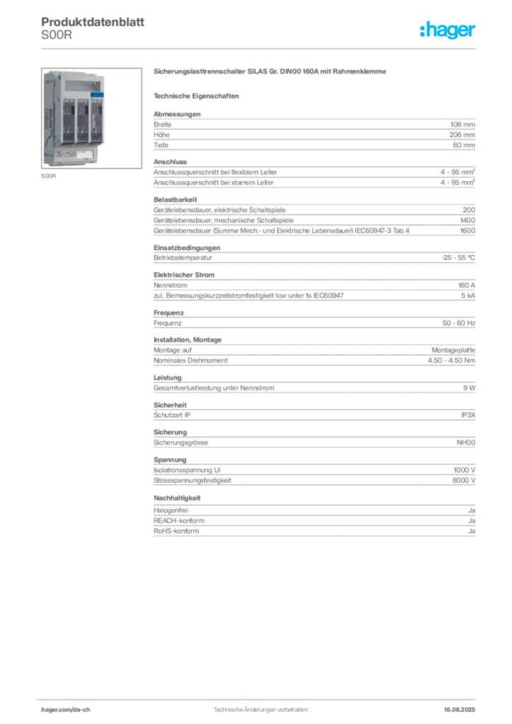 Bild Hager Produktdatenblatt S00R | Hager Schweiz
