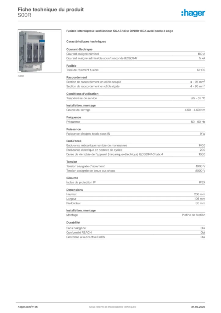 Image Hager Fiche technique du produit S00R | Hager Suisse