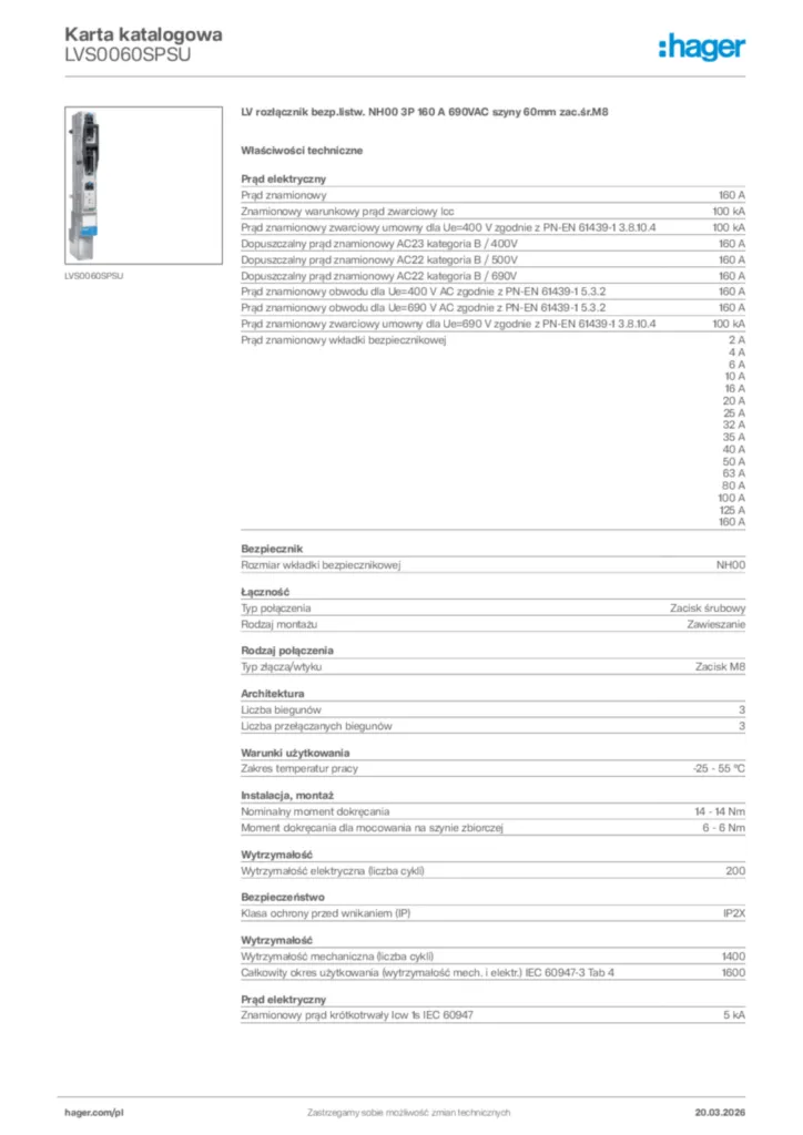 Zdjęcie Hager Karta katalogowa LVS0060SPSU | Hager Polska