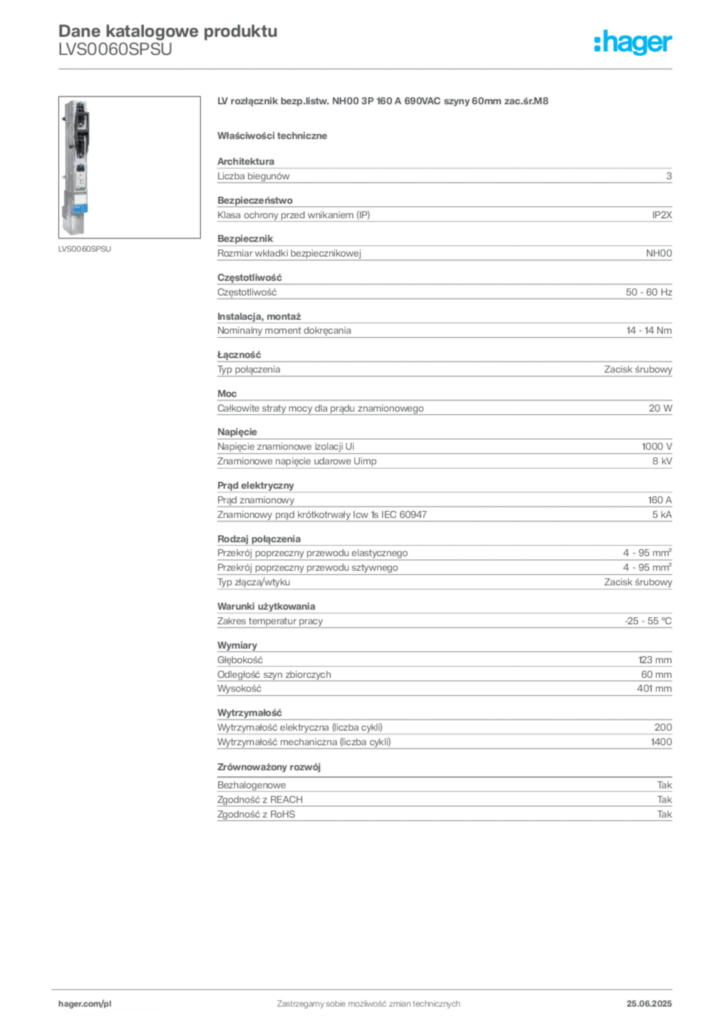 Zdjęcie Hager Dane katalogowe produktu LVS0060SPSU | Hager Polska