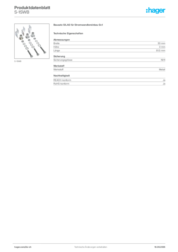 Bild Hager Produktdatenblatt S-1SWB | Hager Schweiz