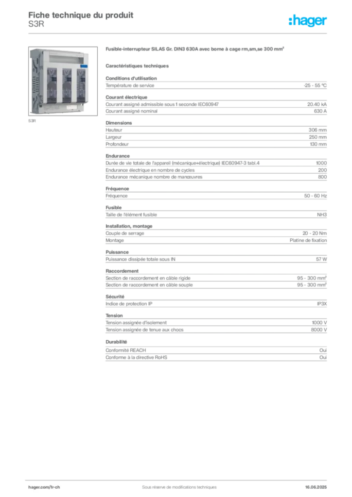 Image Hager Fiche technique du produit S3R | Hager Suisse
