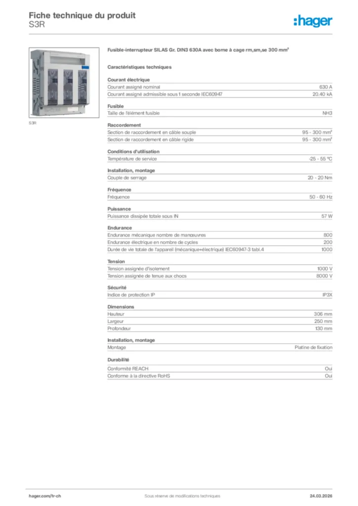 Image Hager Fiche technique du produit S3R | Hager Suisse