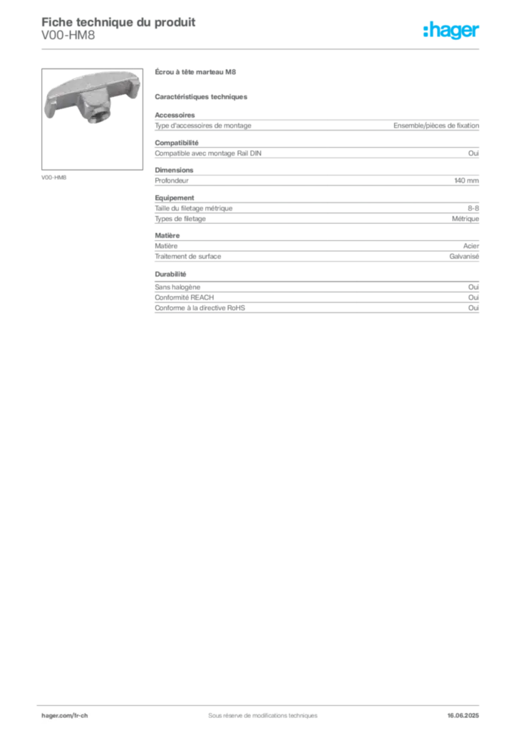 Image Hager Fiche technique du produit V00-HM8 | Hager Suisse