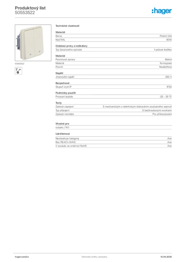 Obrázek Hager Product data sheet 50553522 | Hager