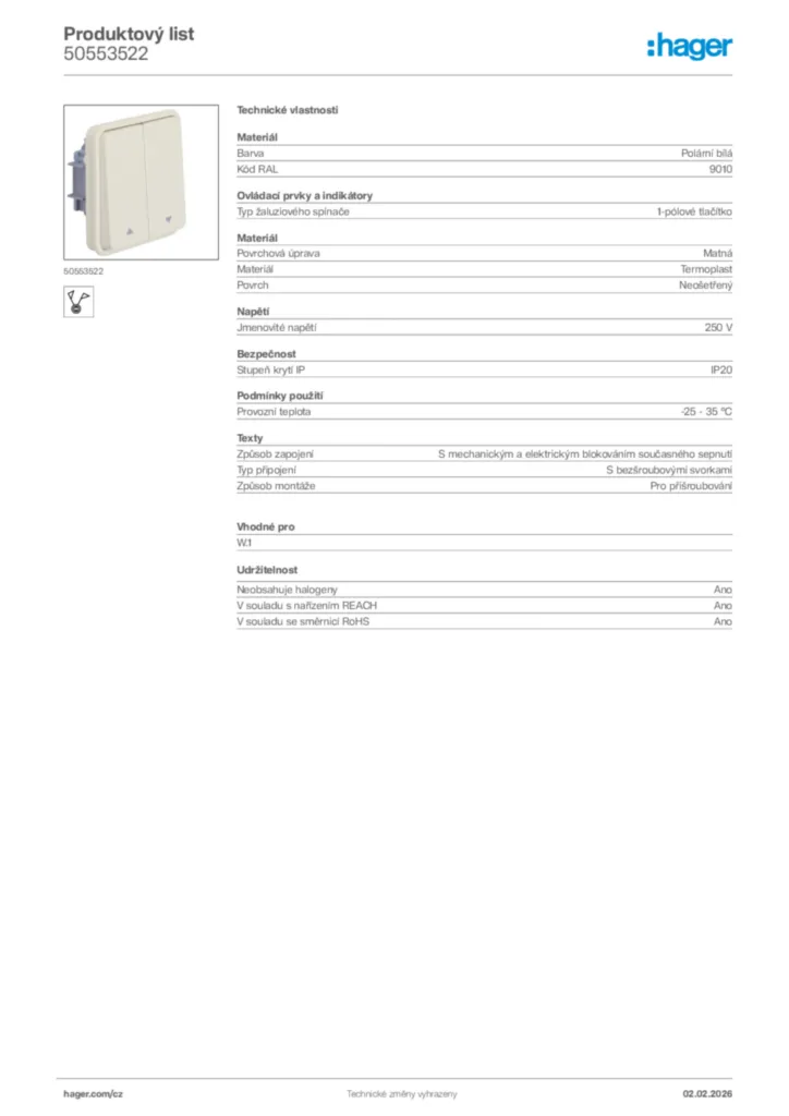 Obrázek Hager Product data sheet 50553522 | Hager