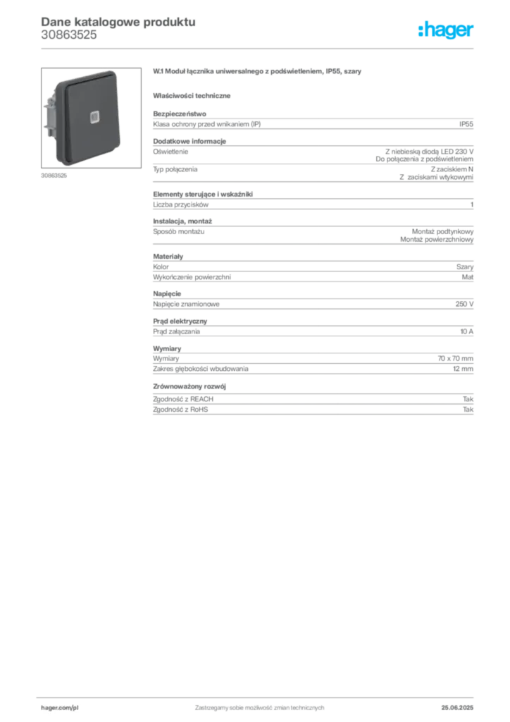 Zdjęcie Hager Dane katalogowe produktu 30863525 | Hager Polska