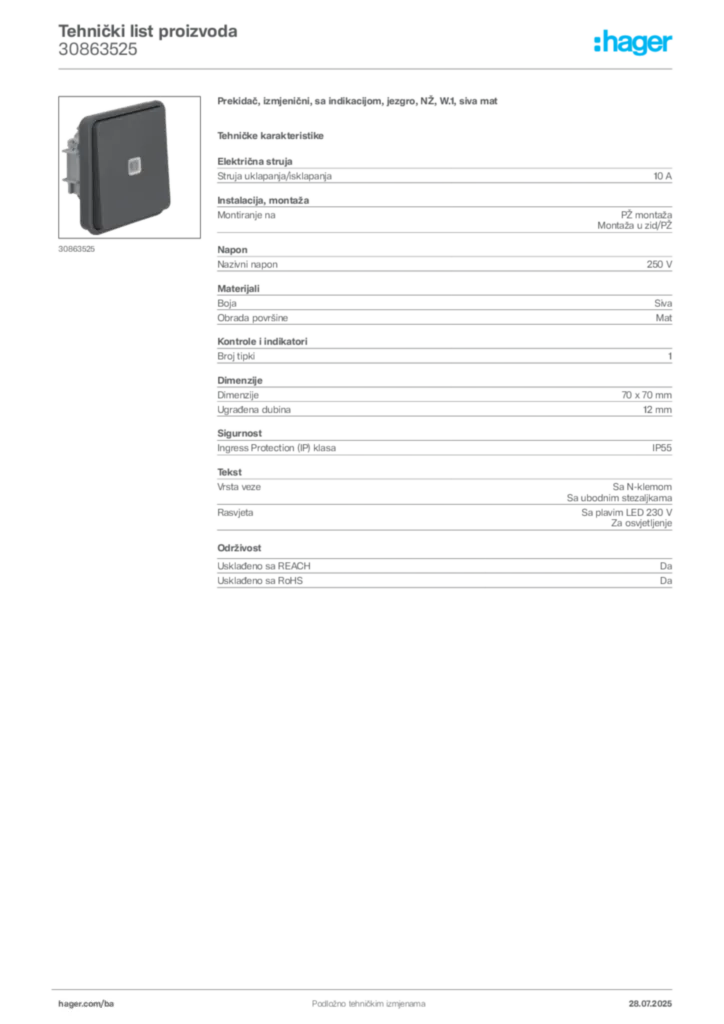 Slika Hager Product data sheet 30863525  | Hager