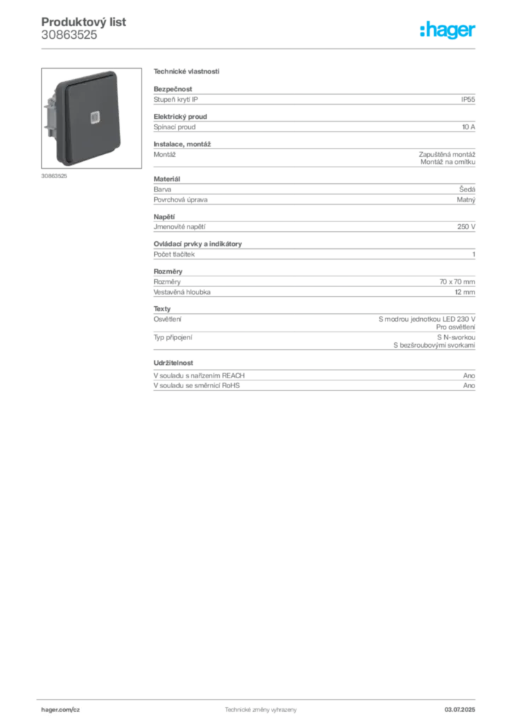 Obrázek Hager Product data sheet 30863525 | Hager