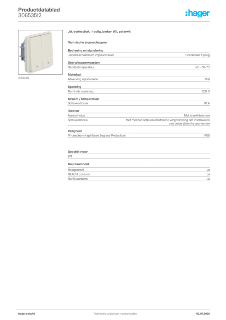 Afbeelding Hager Productdatablad 30653512 | Hager Nederland